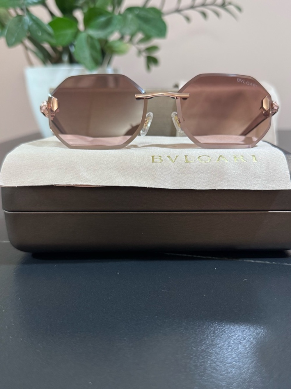 Bulgari Rose-Tint Octagonal Rimless Sunglasses - Picture 8 of 16